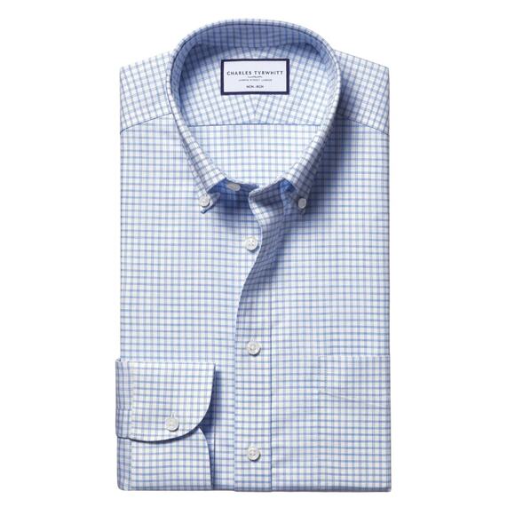 Charles Tyrwhitt Non-Iron Stretch Oxford Check Shirt Cornflower Blue, Size 17/37